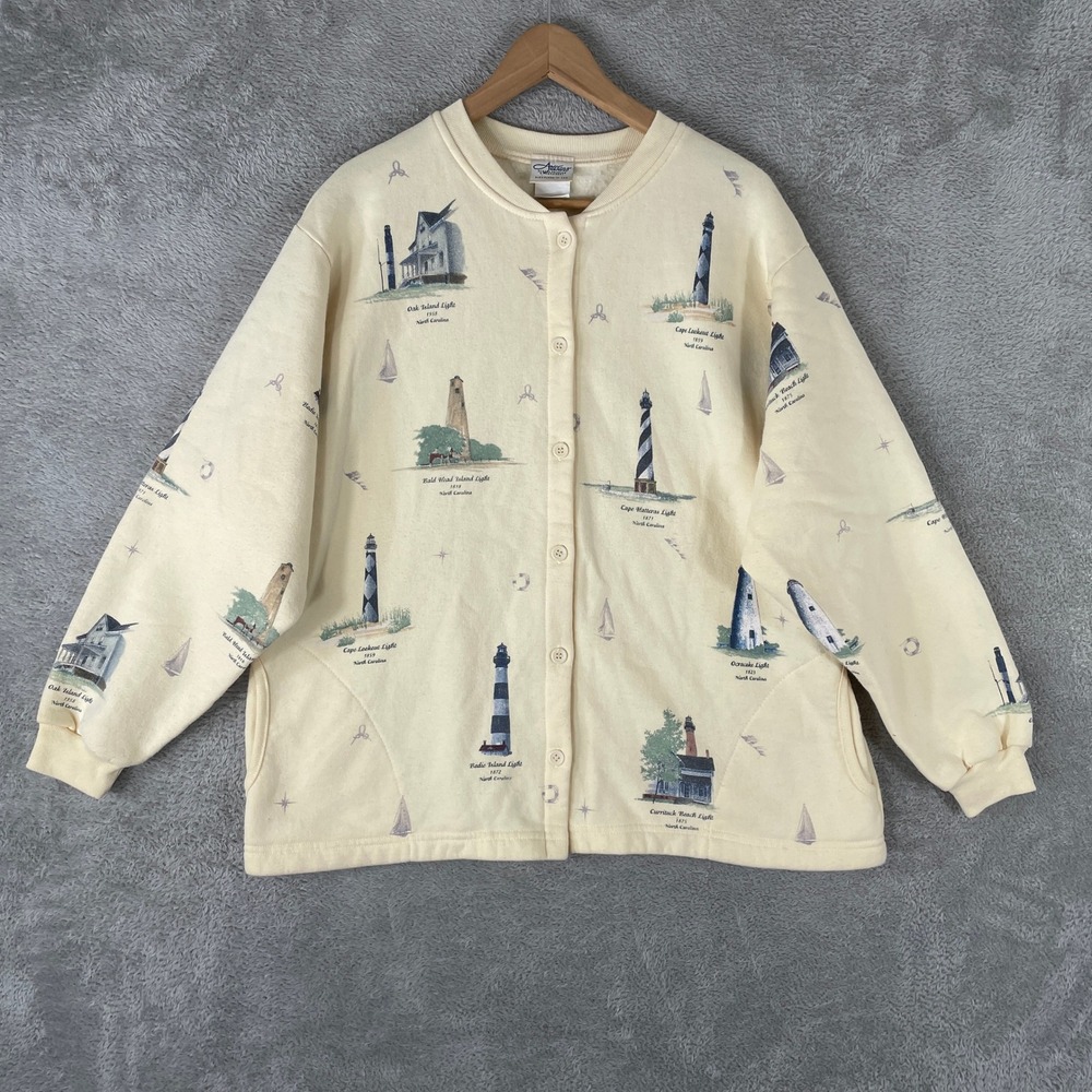 Vintage Artisans North Carolina Lighthouse Cardigan Womens Medium Cream 90s USA